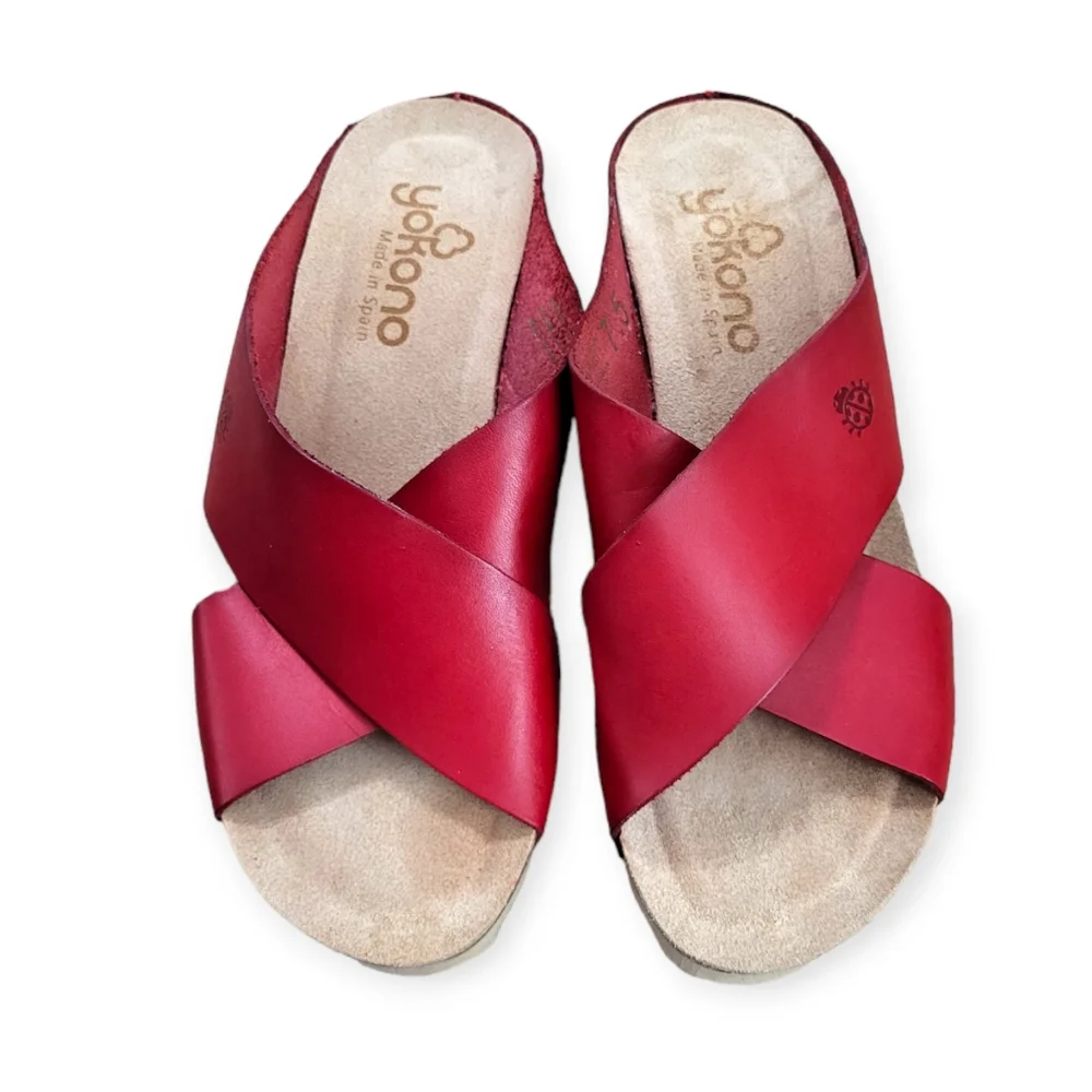 Yokono Red Leather Wedge Cork Sandals 7.5